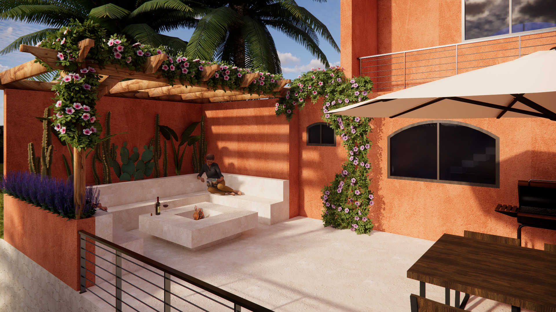 Projet de rénovation d’une maison individuelle avec aménagement de la terrasse extérieur en salon maçonné convivial autour d'un braséro